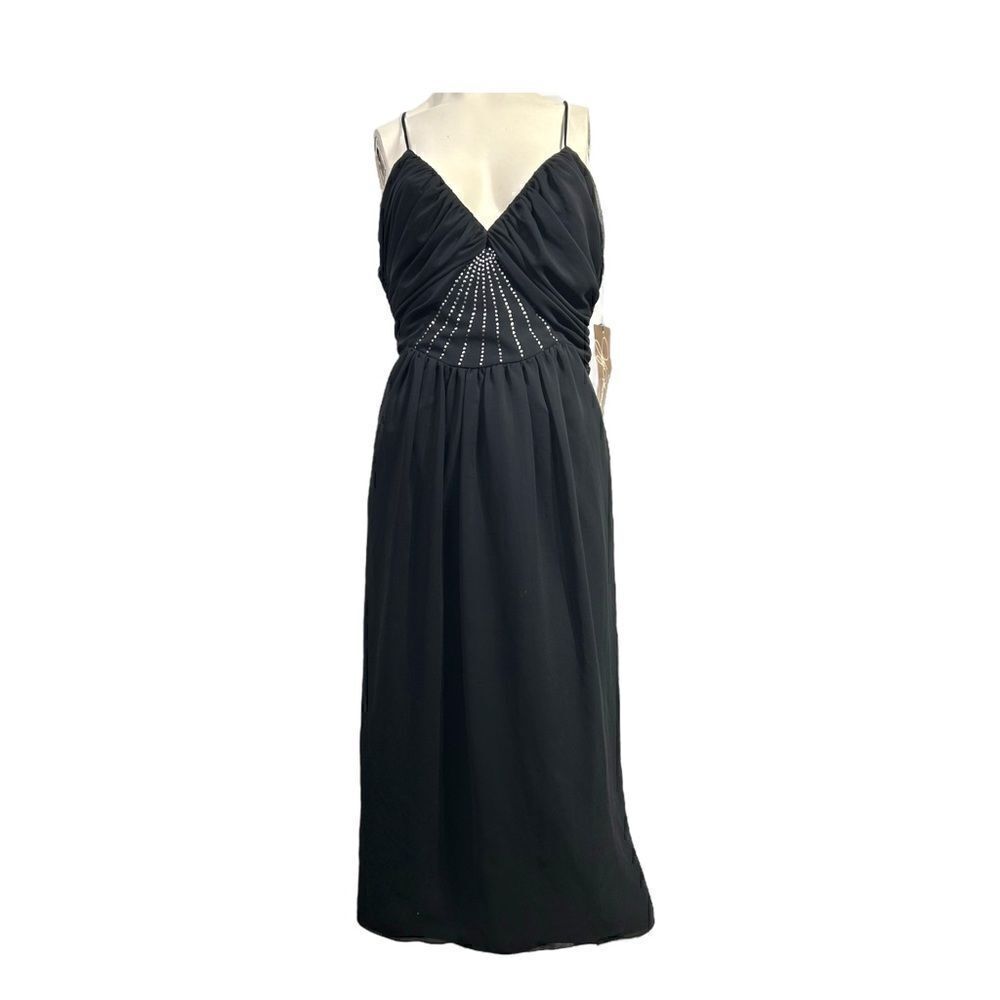 JOY STEVENS Vintage Black Chiffon Dress Formal Low Cut Rhinestone Sparkle